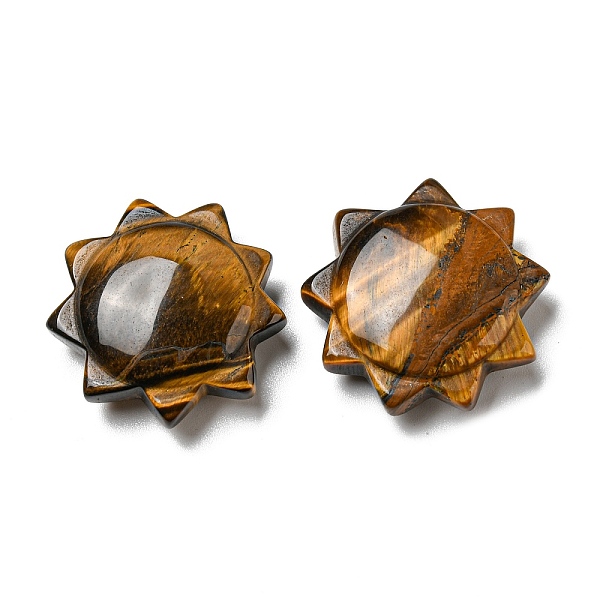 

PandaHall Natural Tiger Eye Carved Healing Sun Figurines, Reiki Energy Stone Display Decorations, 28x28~29x9~10mm Tiger Eye Sun