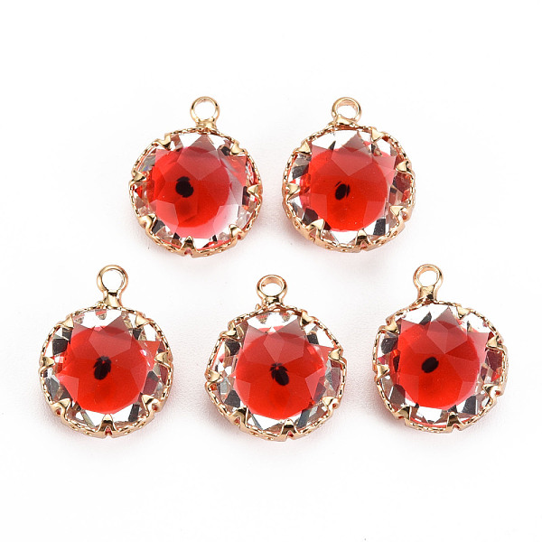 

PandaHall Transparent Glass Pendants, with Brass Prong Settings, Faceted, Flat Round with Evil Eye, Light Gold, Orange Red, 17x13x6mm, Hole...