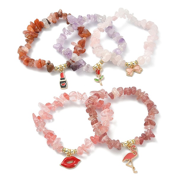 

PandaHall Natural & Synthetic Mixed Gemstone Chips Beaded Stretch Bracelet, Alloy Enamel Charms Valentine's Day Theme Bracelet, Mixed Shapes...