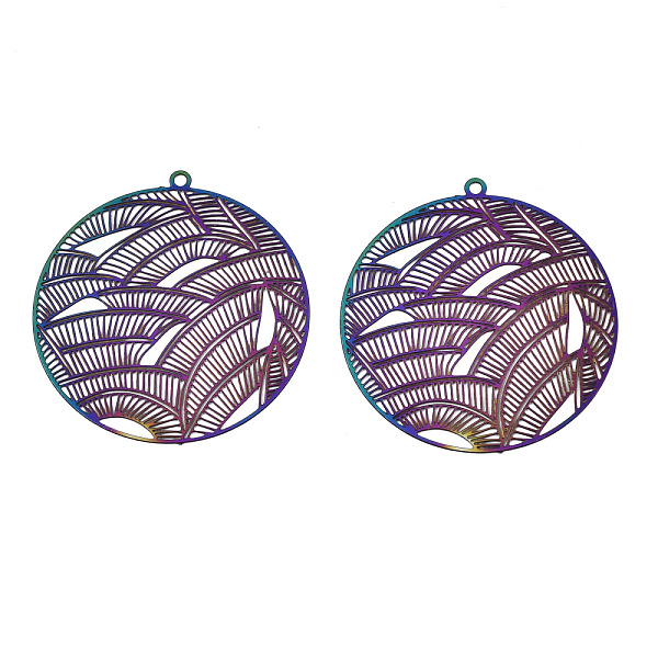 

PandaHall Ion Plating(IP) 201 Stainless Steel Filigree Pendants, Etched Metal Embellishments, Flat Round, Rainbow Color, 31.5x30x0.2mm, Hole...