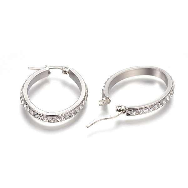 

PandaHall 201 Stainless Steel Hoop Earrings, with Polymer Clay Rhinestone, Oval, Crystal, Stainless Steel Color, 32.5x24.5x3.5mm, Pin: 1mm..., Clear