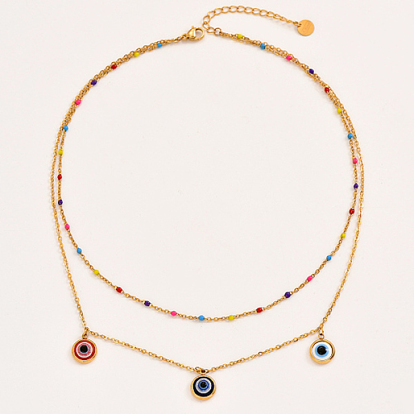 PandaHall Stainless Steel Cable Chains Double Layer Necklace, Colorful Enamel Evil Eye Pendant Necklace, Golden, 15.75 inch(40cm) Stainless...