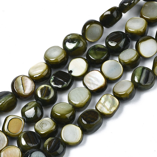 

PandaHall Natural Trochid Shell/Trochus Shell Beads Strands, Dyed, Flat Round, Dark Olive Green, 5~9x1~6mm, Hole: 0.8mm, about..., Brown