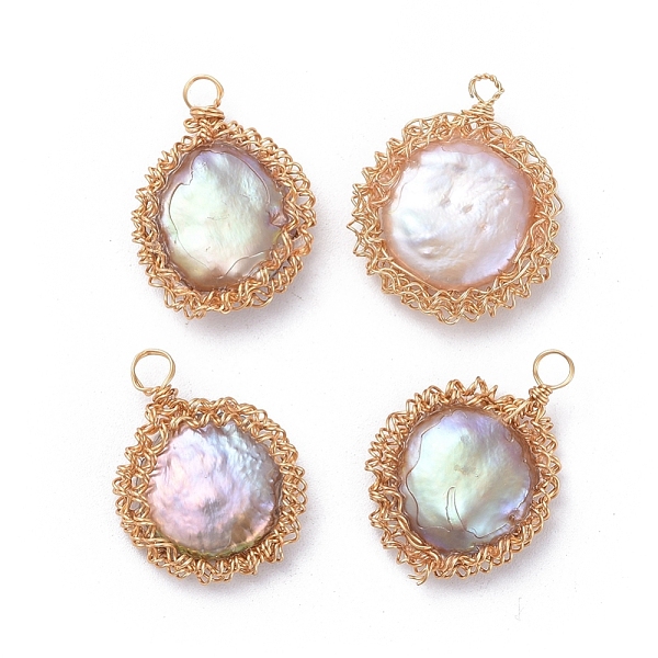 

PandaHall Natural Baroque Pearl Keshi Pearl Pendants, Cultured Freshwater Pearl, with Eco-Friendly Copper Wire, Flat Round, Golden, Lilac..., Purple