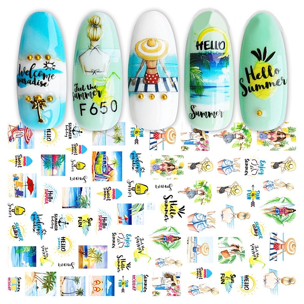 

PandaHall Nail Art Stickers, Self-adhesive, For Nail Tips Decorations, Girl & Sandbeach Pattern, Colorful, 123x80mm Paper Human