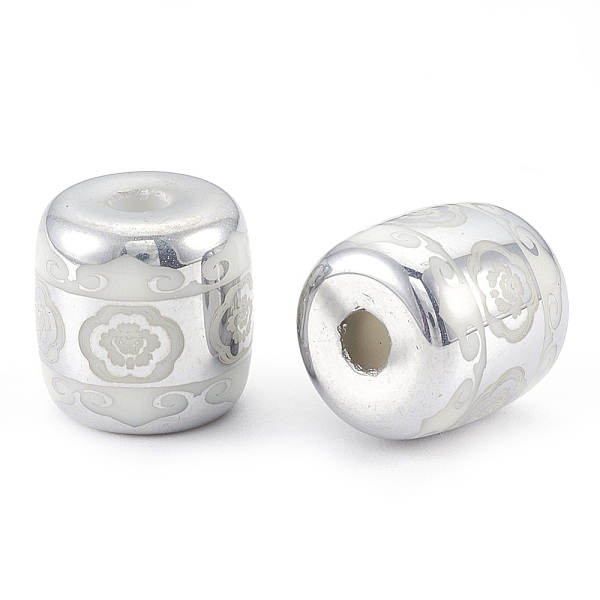 

PandaHall Electroplate Glass Beads, Barrel with Flower Pattern, Platinum Plated, 12x11.5mm, Hole: 3mm, 100pcs/bag Glass Flower