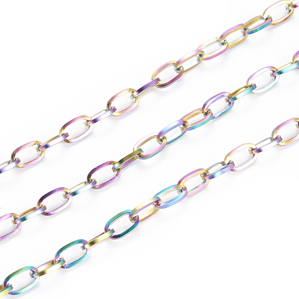 

PandaHall Ion Plating(IP) 304 Stainless Steel Cable Chains, with Spool, Unwelded, Flat Oval, Rainbow Color, 4mm, about 32.8 Feet(10m)/roll...