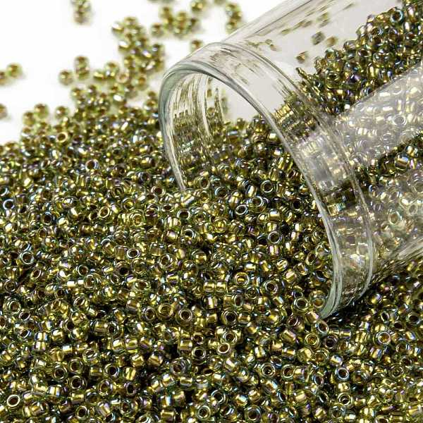 

PandaHall TOHO Round Seed Beads, Japanese Seed Beads, (996) Gilt Lined AB Peridot, 15/0, 1.5mm, Hole: 0.7mm, about 3000pcs/10g Glass Green