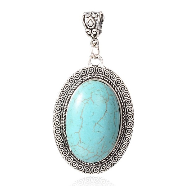 

PandaHall Synthetic Turquoise Big Pendants, with Tibetan Style Alloy Findings, Oval, 59.5mm, Hole: 5.5x7.5mm Synthetic Turquoise Oval Green