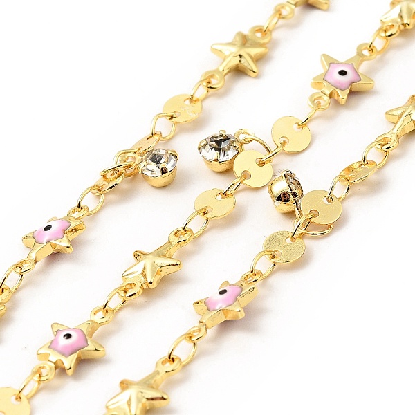 

PandaHall Enamel Star with Evil Eye & Brass Flat Round Link Chains, with Clear Glass Charms, Soldered, with Spools, Real 18K Gold Plated..., Pink