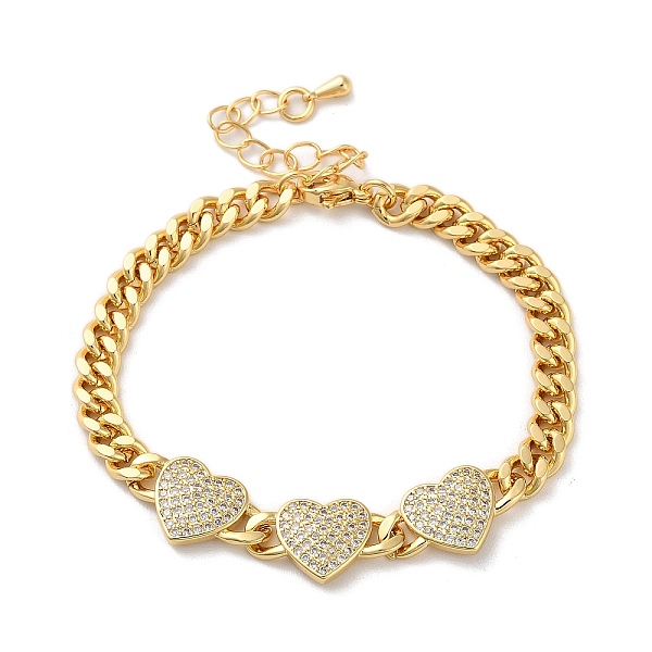 

PandaHall Brass Micro Pave Clear Cubic Zirconia Triple Heart Cuban Link Chains Bracelets for Women, Real 16K Gold Plated, 7 inch(17.7cm)...