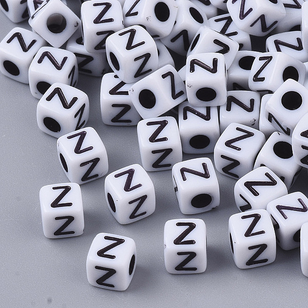

PandaHall White Opaque Acrylic Beads, Horizontal Hole, Cube with Black Alphabet, Letter.Z, 4~5x4~5x4~5mm, Hole: 1.8mm, about 255~260pcs/20g...