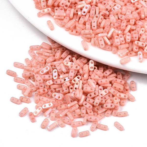 

PandaHall 2-Hole Glass Seed Beads, Opaque Colours Rainbow, Rectangle, Light Coral, 4.5~5x2x1~1.5mm, Hole: 0.5~0.8mm, about 400pcs/10g Glass...