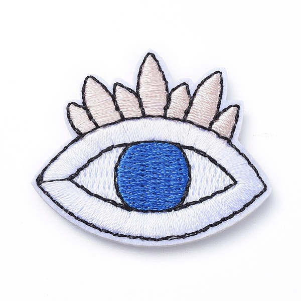 PandaHall Computerized Embroidery Cloth Iron on/Sew on Patches, Costume Accessories, Appliques, Eye, Blue, 35x41x1.5mm Cloth Eye Blue