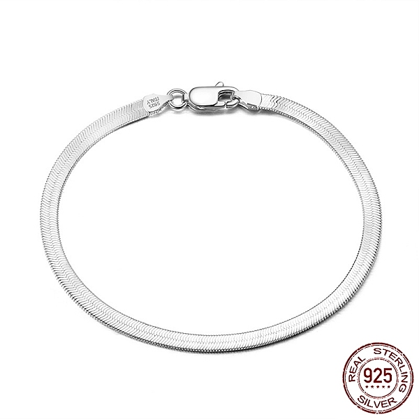 PandaHall Rhodium Plated 925 Sterling Silver Herringbone Chain Bracelets, with S925 Stamp, Platinum, 7-1/2 inch(19cm) Sterling Silver
