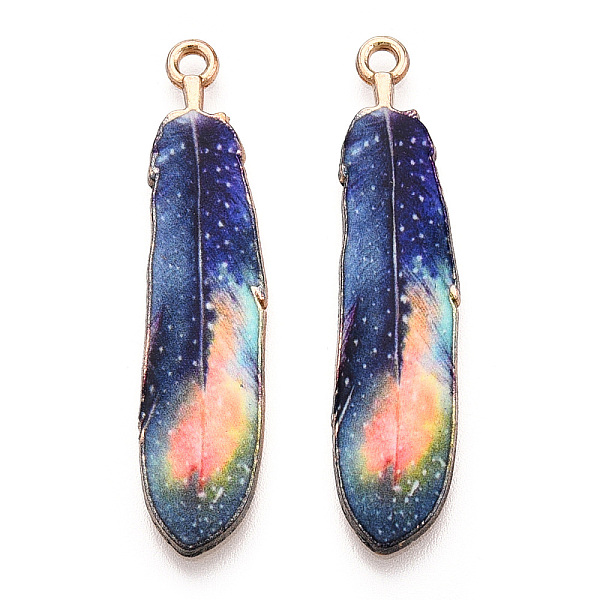 

PandaHall Rack Plating Alloy Pendants, Printed, Lead Free & Cadmium Free & Nickel Free, Feather Charm, Light Gold, Dark Blue, 38x9x1.5mm...
