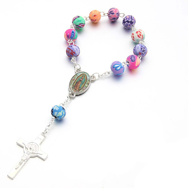 

PandaHall Rosary Bracelet for Easter, Alloy Crucifix Cross Charm Bracelet with Polymer Clay Beaded Chains for Women, Silver, 5-1/2 inch...