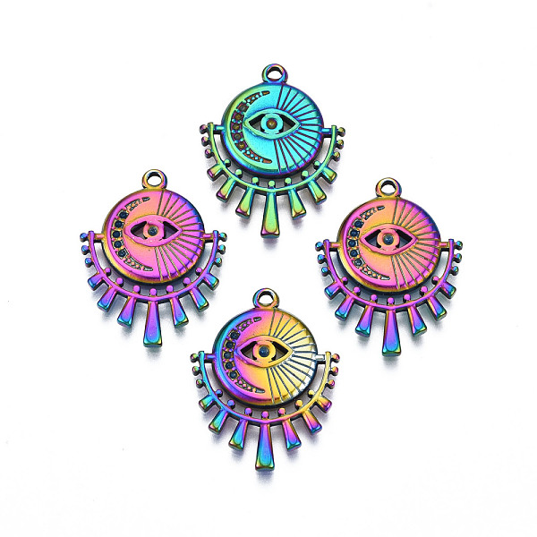 

PandaHall Rack Plating 304 Stainless Steel Pendant Rhinestone Settings, Flat Round with Eye, Rainbow Color, Fit For 1.2mm Rhinestone...