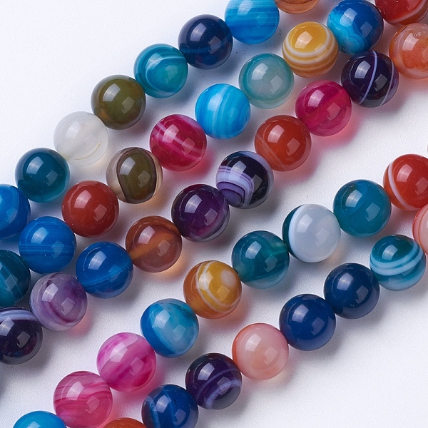 

PandaHall Natural Grade A Striped Agate/Banded Agate Beads Strands, Dyed & Heated, Round, Mixed Color, 8~8.5mm, Hole: 1.2mm, about..., Multicolor