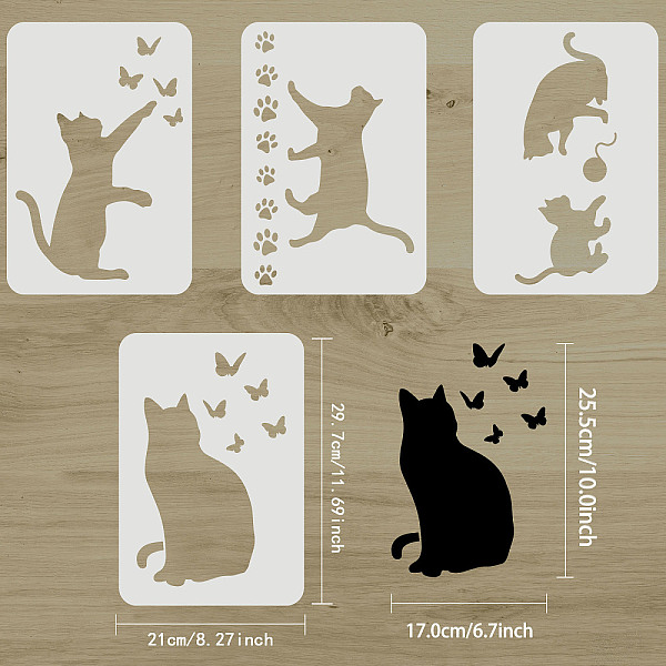

PandaHall FINGERINSPIRE 4 Pcs Cat Butterfly Stencil 29.7x21cm A4 Size Cat Playing Ball of Yarn Stencil Reusable Large Vinyl Template for...