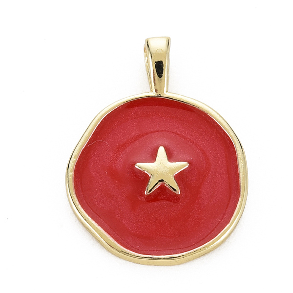 

PandaHall Brass Enamel Pendants, Cadmium Free & Nickel Free & Lead Free, Real 16K Gold Plated, Flat Round with Star, FireBrick..., Red