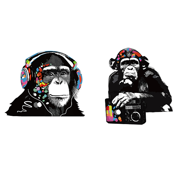 PandaHall SUPERDANT 2 Styles Thinking Monkey with Headphones Sticker Music Street Art Vinyl Wall Decal Colorful Chimp Listening to Music...