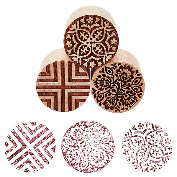 PandaHall OLYCRAFT 3 Pcs 3-Style Wood Pottery Stamp 2 Inch Flower Shape Wood Pottery Tools Stamps Column Flower Pattern Round Wood Stamp...