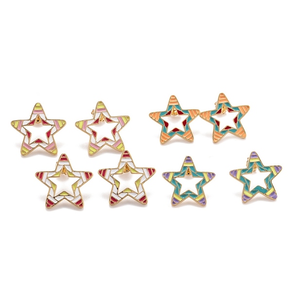 PandaHall Brass Enamel Stud Earrings, with Ear Nuts, Long-Lasting Plated, Star, Golden, Mixed Color, 23x24x2mm, Pin: 0.8mm Brass Star...