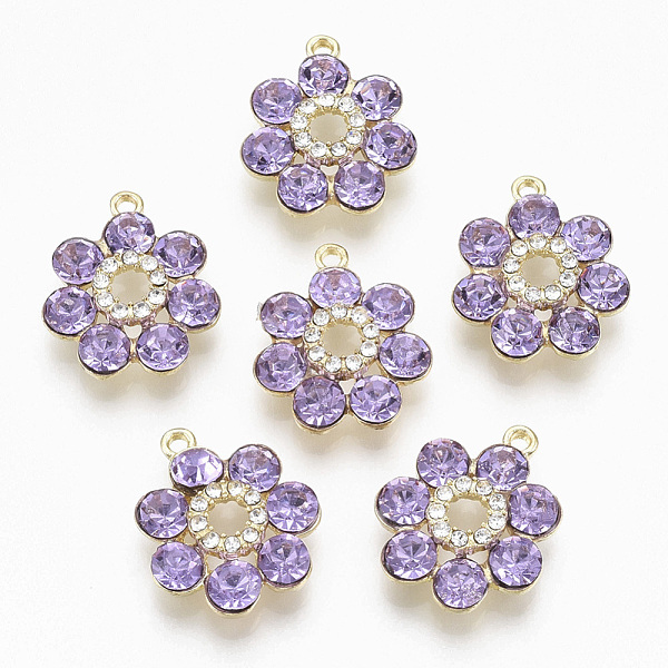 

PandaHall Golden Plated Alloy Pendants, with Glass Rhinestone, Flower, Lilac, 19x16x5mm, Hole: 1.2~1.5mm Alloy+Rhinestone Flower Purple
