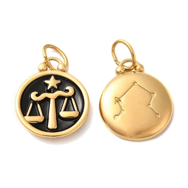 

PandaHall Ion Plating(IP) 304 Stainless Steel Enamel Pendants, with Jump Ring, Flat Round with Constellation, Golden, Libra..., Black