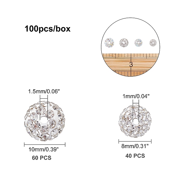 

PandaHall Pave Disco Ball Beads, Polymer Clay Rhinestone Beads, Round, Crystal AB, 10mm, Hole: 1.5mm, 8mm, Hole: 1mm, 100pcs/box Polymer..., Clear