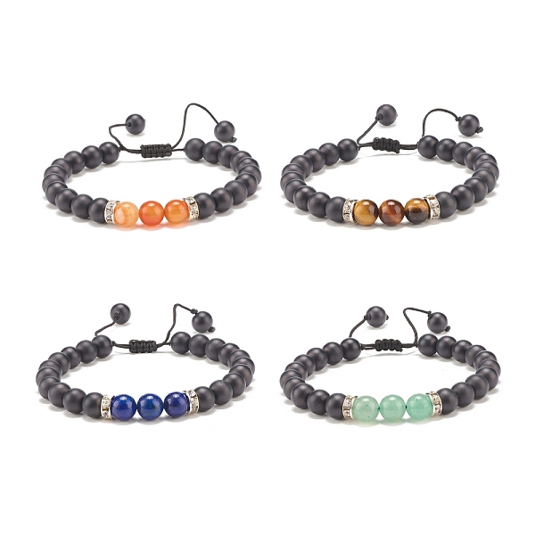 PandaHall 4Pcs 4 Style Natural Lava Rock & Mixed Stone Braided Bead Bracelets Set for Women, Inner Diameter: 2-3/8~3-3/4 inch(5.9~9.5cm)...