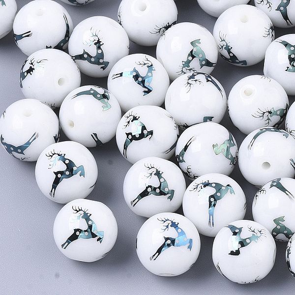

PandaHall Christmas Opaque Glass Beads, Round with Electroplate Elk Christmas Reindeer/Stag Pattern, Green Plated, 10mm, Hole: 1.2mm Glass..., White