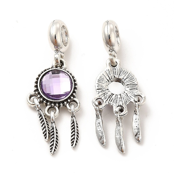 

PandaHall Rack Plating Alloy European Dangle Charms, with Glass, Large Hole Charms, Flat Round with Feather, Antique Silver, Lilac, 35mm..., Purple