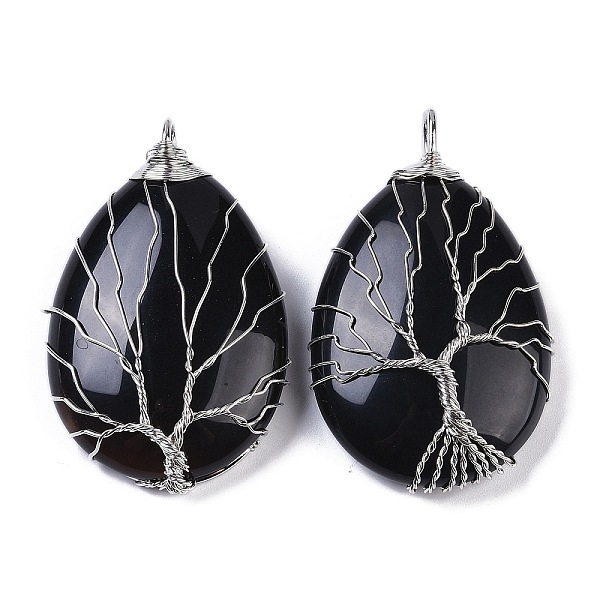 

PandaHall Natural Black Onyx(Dyed & Heated) Big Pendants, Teardrop Charms with Copper Wire Wrapped Tree, Platinum, 49~51.5x31x10~11mm, Hole...