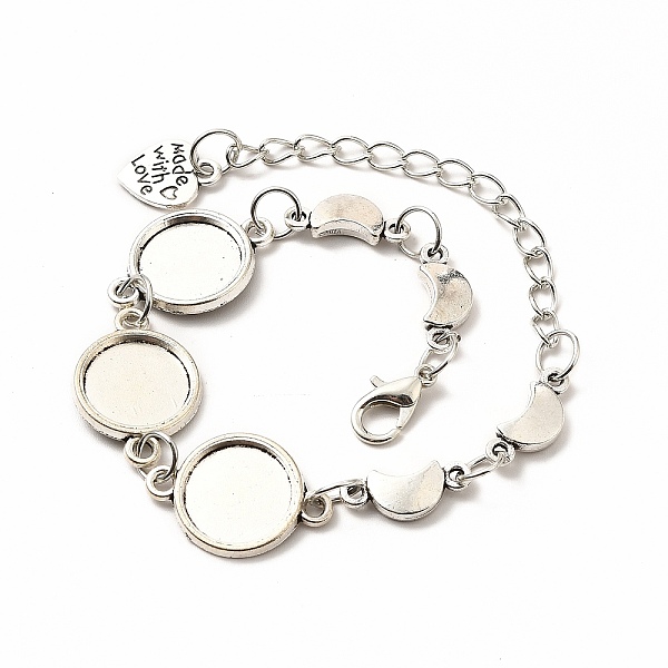 

PandaHall Alloy Bracelets & Anklets Making, Moon Link Bracelet with Heart Charm, Blank Cabochon Setting, Antique Silver, 9-1/4 inch(23.5cm)...