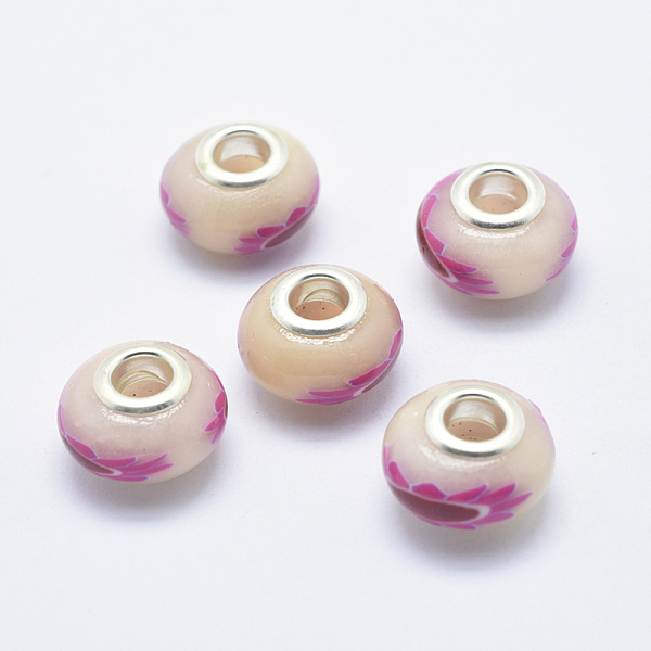 

PandaHall Handmade Polymer Clay European Beads, with Silver Color Plated Brass Cores, Large Hole Beads, Rondelle with Flower Pattern..., Pink