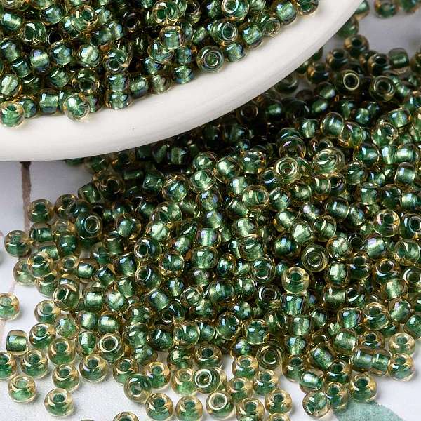 

PandaHall MIYUKI Round Rocailles Beads, Japanese Seed Beads, (RR375) Sparkling Green Lined Light Topaz Luster, 8/0, 3mm, Hole: 1mm, about...