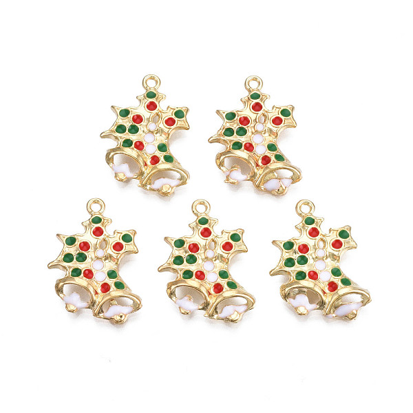 

PandaHall Rack Plating Alloy Enamel Pendants, Cadmium Free & Nickel Free & Lead Free, Light Gold, Holly Leaves/Christmas Mistletoe with Bell..., Green