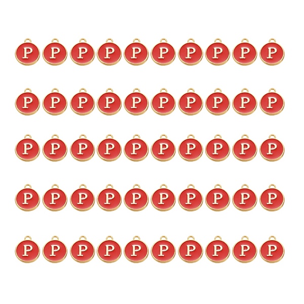

PandaHall Golden Plated Alloy Charms, with Enamel, Enamelled Sequins, Flat Round, Red, Letter.P, 14x12x2mm, Hole: 1.5mm, 50pcs/Box...