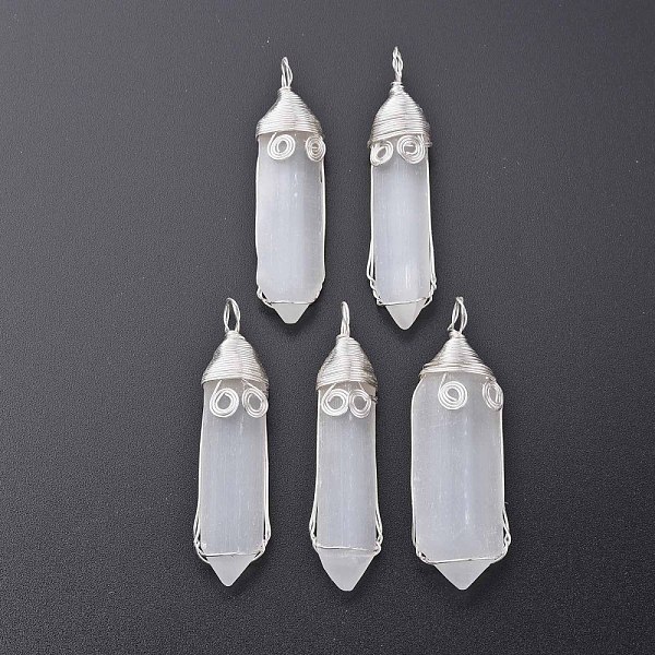 

PandaHall Natural Selenite Big Pendants, with Brass Findings, Rack Plating, Bicone, Silver, 64~70x12~20x7~14mm, Hole: 6mm Selenite Bicone