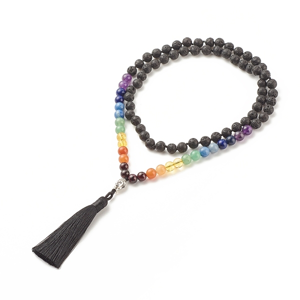 

PandaHall 7 Chakra Buddhist Necklace, Natural & Synthetic Mixed Gemstone Round Beaded Necklace with Alloy Buddha Head and Big Tassel for...