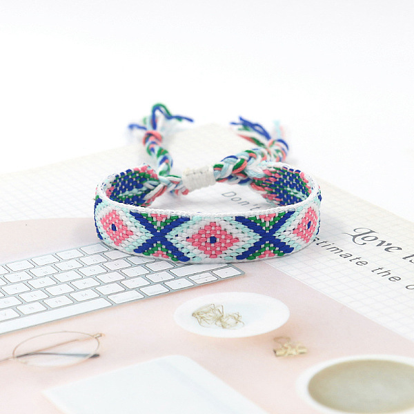 

PandaHall Polyester Braided Rhombus Pattern Cord Bracelet, Ethnic Tribal Adjustable Brazilian Bracelet for Women, Ghost White, 5-7/8 inch...
