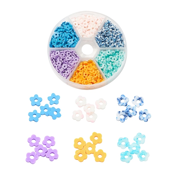 

PandaHall 720Pcs 6 Colors Polymer Clay Beads, Flower, Mixed Color, 4~6x4~6x1~1.5mm, Hole: 2mm, 120pcs/color Polymer Clay Flower Multicolor