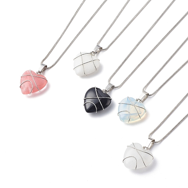 

PandaHall 5Pcs 5 Style Natural & Synthetic Mixed Gemstone Heart Pendant Necklace Set, Brass Wire Wrap Jewelry for Women, Platinum, 16.34...