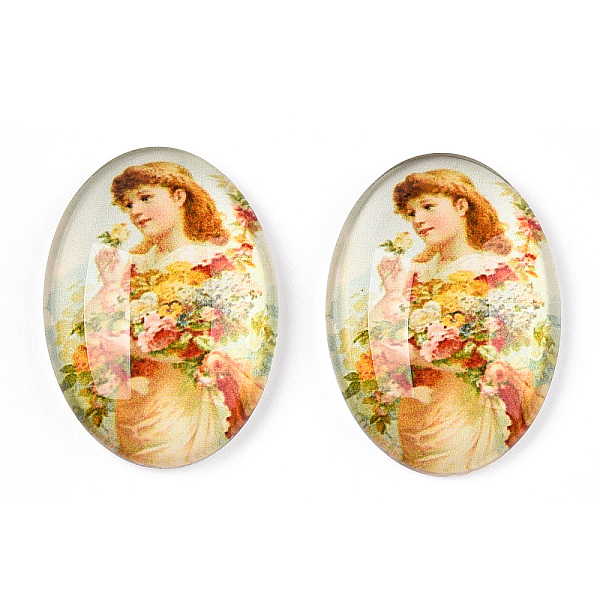 

PandaHall Glass Cabochons, with European Style Pattern, Oval, Gold, 25x18x6mm Glass Oval Gold