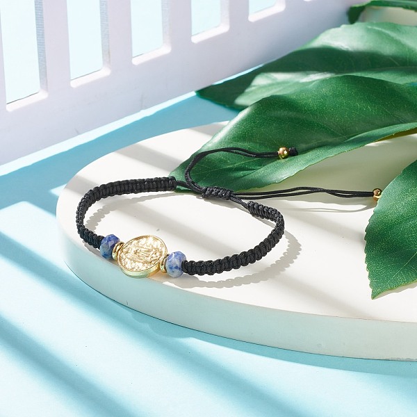 

PandaHall Natural Blue Spot Jasper Braided Bead Bracelet with Brass Virgin Mary, Adjustable Gemstone Bracelet for Women, Black, Inner...