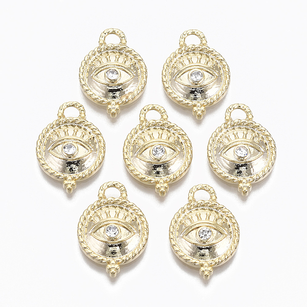 

PandaHall Alloy Charms, with Crystal Rhinestone, Cadmium Free & Nickel Free & Lead Free, Textured Flat Round with Eye, Real 18K Gold Plated..., Clear
