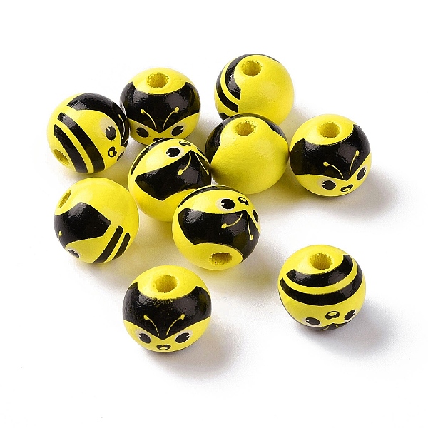 

PandaHall Schima Wood European Beads, Large Hole Beads, Round, Bees Pattern, 15~16mm, Hole: 4mm Wood Bees Yellow