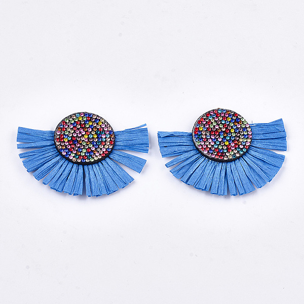 

PandaHall Raffia Tassel Big Pendant, with Non-Woven Fabric and Resin Rhinestone, Fan Shape, Dodger Blue, 54~60x69~77x4~5mm, Hole: 1.2mm...